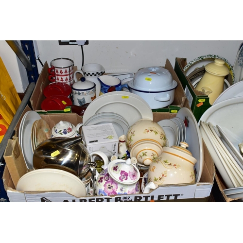 367 - SIX BOXES OF ASSORTED DINNER WARES, KITCHEN CROCKERY AND UTENSILS, ETC, including a John Russell des... 