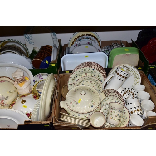 367 - SIX BOXES OF ASSORTED DINNER WARES, KITCHEN CROCKERY AND UTENSILS, ETC, including a John Russell des... 