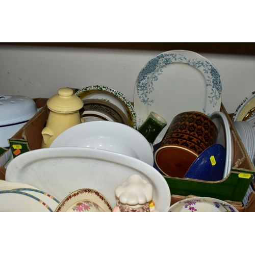 367 - SIX BOXES OF ASSORTED DINNER WARES, KITCHEN CROCKERY AND UTENSILS, ETC, including a John Russell des... 