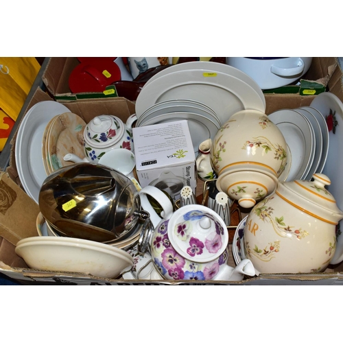 367 - SIX BOXES OF ASSORTED DINNER WARES, KITCHEN CROCKERY AND UTENSILS, ETC, including a John Russell des... 