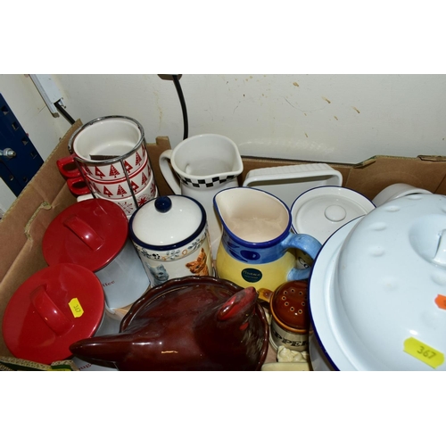 367 - SIX BOXES OF ASSORTED DINNER WARES, KITCHEN CROCKERY AND UTENSILS, ETC, including a John Russell des... 