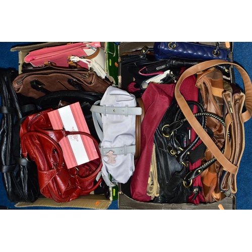 368 - TWO BOXES OF LADIES BAGS AND PURSES, ETC, including a boxed unused Vitali leather purse, a Laura Ash... 