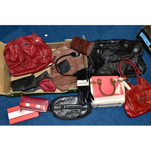 368 - TWO BOXES OF LADIES BAGS AND PURSES, ETC, including a boxed unused Vitali leather purse, a Laura Ash... 