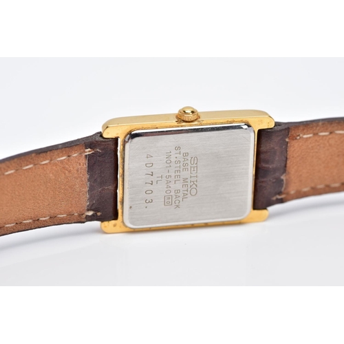 37 - A LADIES GOLD PLATED SEIKO WRISTWATCH, rectangular gold coloured dial signed 'Seiko quartz', baton m... 