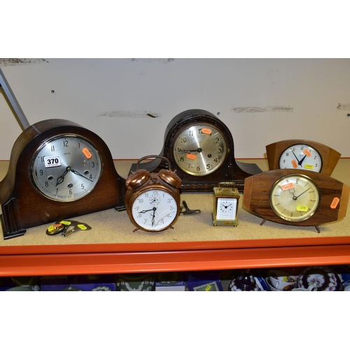 370 - SIX VARIOUS CLOCKS INCLUDING TWO 1920'S/30'S OAK DOME TOP MANTEL CLOCKS, (a Smiths Westminster chime... 