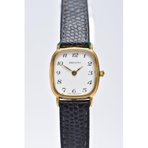 38 - A LADIES GOLD PLATED ZENITH WRISTWATCH, a white rounded square dial signed 'Zenith', Arabic numerals... 