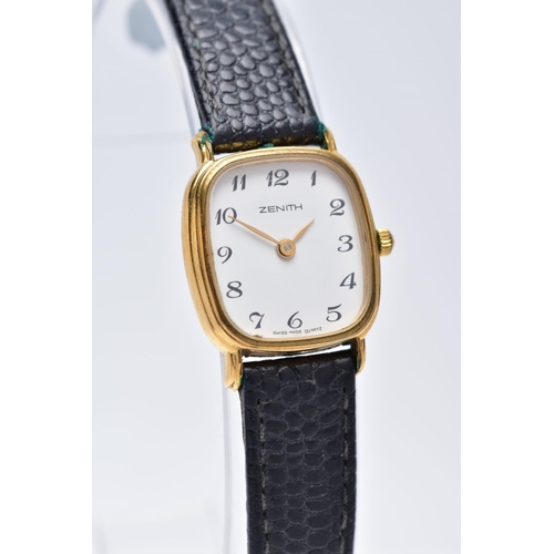 38 - A LADIES GOLD PLATED ZENITH WRISTWATCH, a white rounded square dial signed 'Zenith', Arabic numerals... 