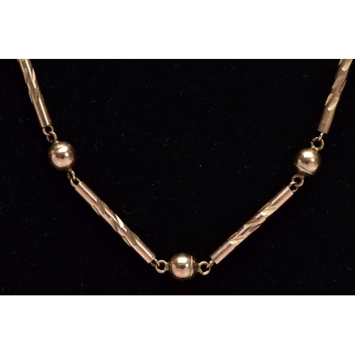 4 - A LATE 20TH CENTURY 9CT GOLD NECKLET, designed with four engraved detailed bars interspaced with bal... 