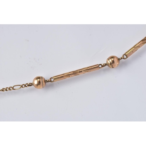 4 - A LATE 20TH CENTURY 9CT GOLD NECKLET, designed with four engraved detailed bars interspaced with bal... 