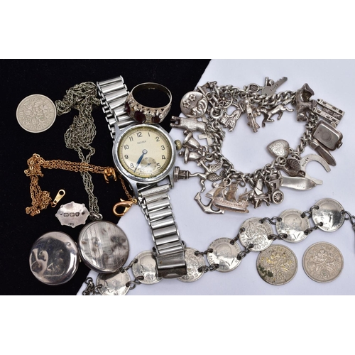 40 - A SILVER JEWELLERY COLLECTION, to include a silver charm bracelet, three pence coin bracelet, a stee... 