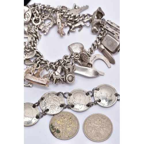 40 - A SILVER JEWELLERY COLLECTION, to include a silver charm bracelet, three pence coin bracelet, a stee... 