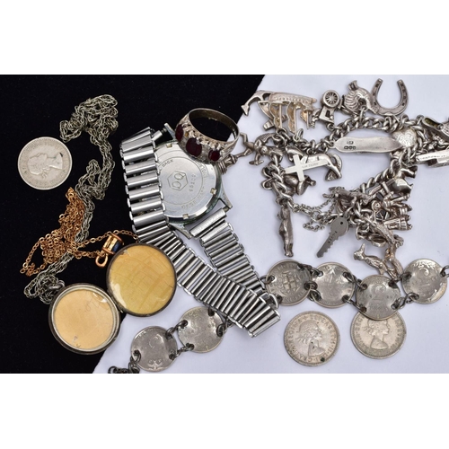 40 - A SILVER JEWELLERY COLLECTION, to include a silver charm bracelet, three pence coin bracelet, a stee... 