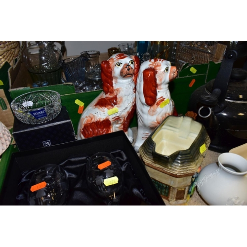 428 - FOUR BOXES OF CERAMICS, GLASS, METALWARES etc, to include Le Creuset black kettle (dusty) and Le Cre... 