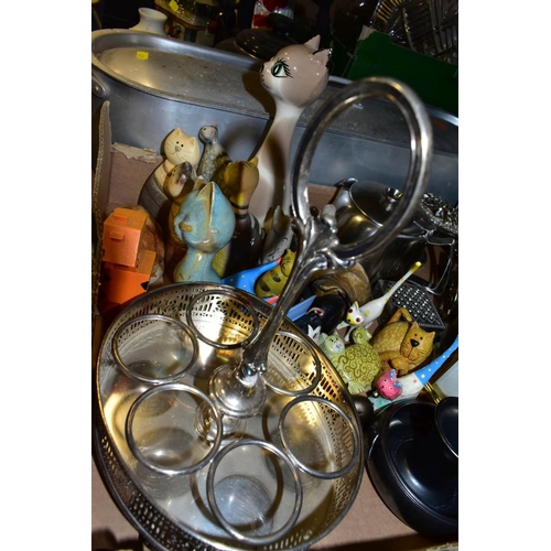 428 - FOUR BOXES OF CERAMICS, GLASS, METALWARES etc, to include Le Creuset black kettle (dusty) and Le Cre... 