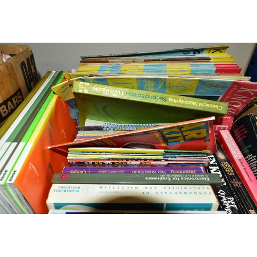 429 - FOUR BOXES OF MAGAZINES, RECORDS, BOOKS etc, to include 'The Edge', 'Knowledge', 'Car Fix it' magazi... 