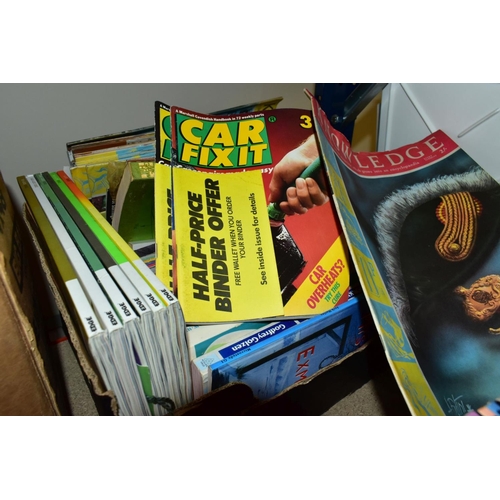 429 - FOUR BOXES OF MAGAZINES, RECORDS, BOOKS etc, to include 'The Edge', 'Knowledge', 'Car Fix it' magazi... 