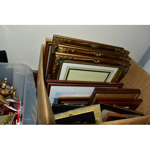 430 - SEVEN BOXES OF SUNDRY ITEMS, PICTURE FRAMES, BOOKS, etc, to include brass flexible table lamp, Ordna... 