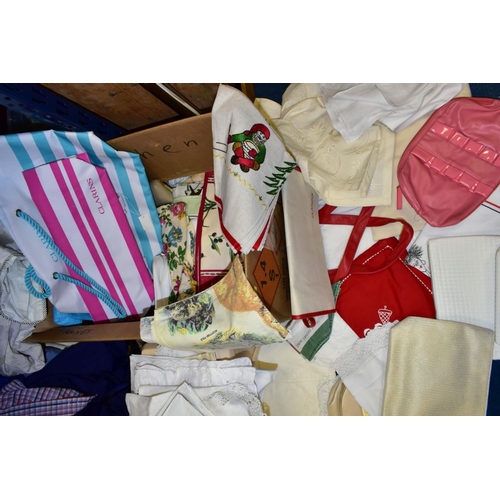 431 - A SEWING BOX AND CONTENTS AND THREE BOXES OF LINEN, SHOES, HAT etc, to include Sylko cottons, needle... 