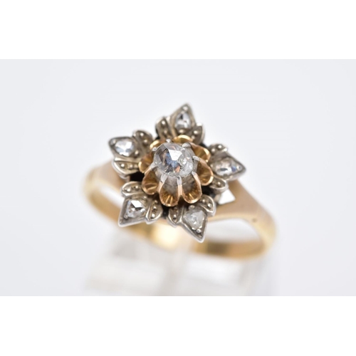 45 - A ROUND DIAMOND FLOWER CLUSTER RING SET WITH ROSE CUT DIAMONDS, estimated diamond weight 0.25ct, rin... 