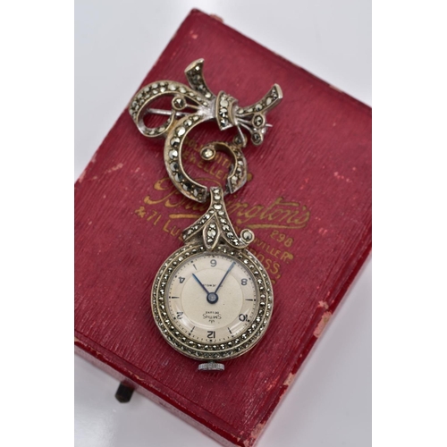 48 - A WHITE METAL SMITHS DELUXE MARCASITE FOB WATCH, mechanical hand wound movement, currently running, ... 