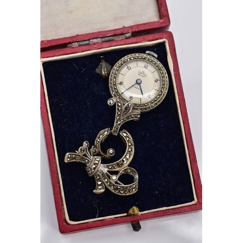 48 - A WHITE METAL SMITHS DELUXE MARCASITE FOB WATCH, mechanical hand wound movement, currently running, ... 