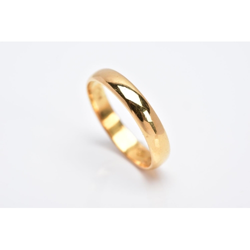 5 - A 22CT GOLD WEDDING BAND, of a plain polished design, approximate width 4.2mm, hallmarked 22ct gold ... 