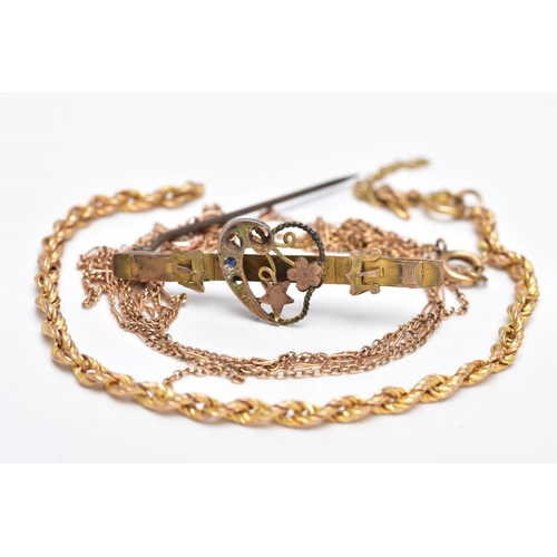 54 - A SMALL PARCEL OF GOLD JEWELLERY, to include a 9ct gold fine Figaro chain fitted with a spring clasp... 