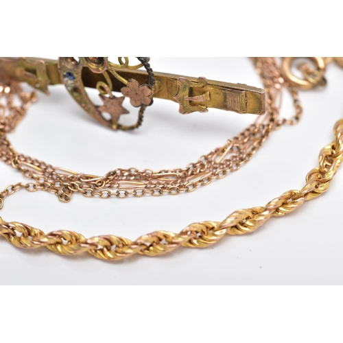 54 - A SMALL PARCEL OF GOLD JEWELLERY, to include a 9ct gold fine Figaro chain fitted with a spring clasp... 