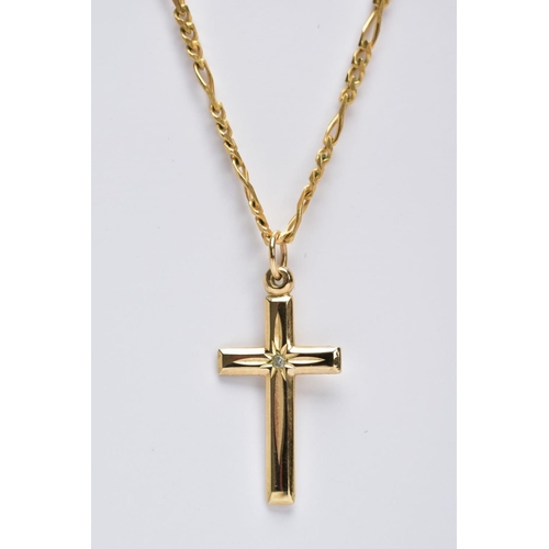 56 - A 9CT GOLD CROSS PENDANT NECKLACE, the textured cross pendant set with a single cut diamond fitted w... 