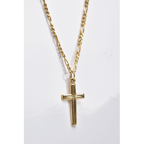 56 - A 9CT GOLD CROSS PENDANT NECKLACE, the textured cross pendant set with a single cut diamond fitted w... 