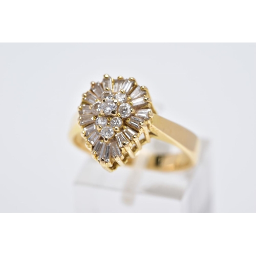 6 - A YELLOW METAL DIAMOND CLUSTER RING, the raised cluster of a pear shape designed with a round brilli... 