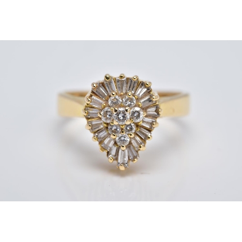 6 - A YELLOW METAL DIAMOND CLUSTER RING, the raised cluster of a pear shape designed with a round brilli... 