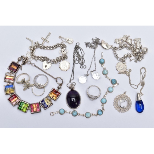 65 - A QUANTITY OF JEWELLERY, to include a silver charm bracelet with each link stamped with a sterling m... 