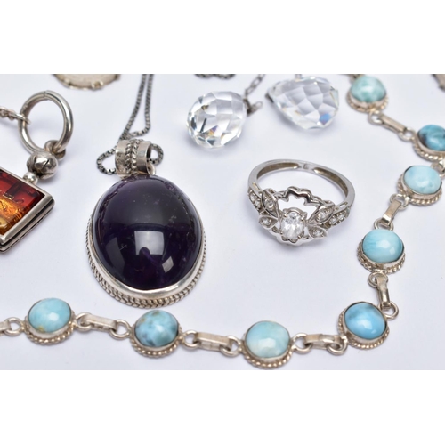 65 - A QUANTITY OF JEWELLERY, to include a silver charm bracelet with each link stamped with a sterling m... 