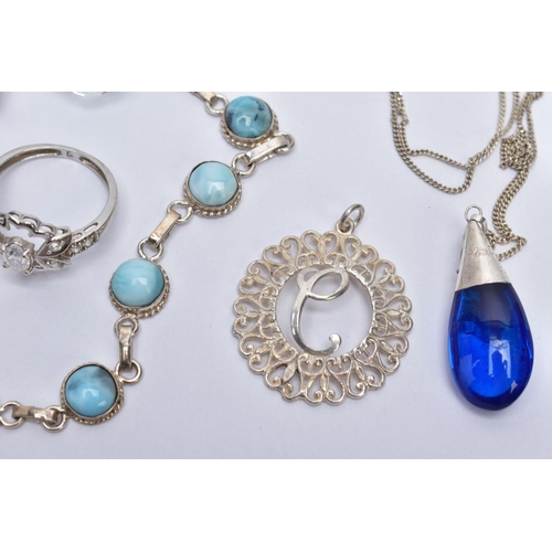 65 - A QUANTITY OF JEWELLERY, to include a silver charm bracelet with each link stamped with a sterling m... 