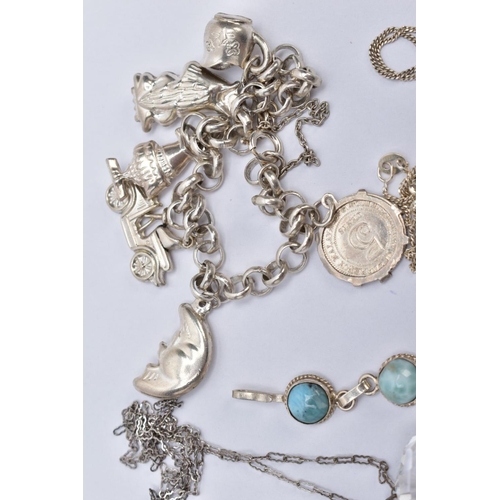 65 - A QUANTITY OF JEWELLERY, to include a silver charm bracelet with each link stamped with a sterling m... 