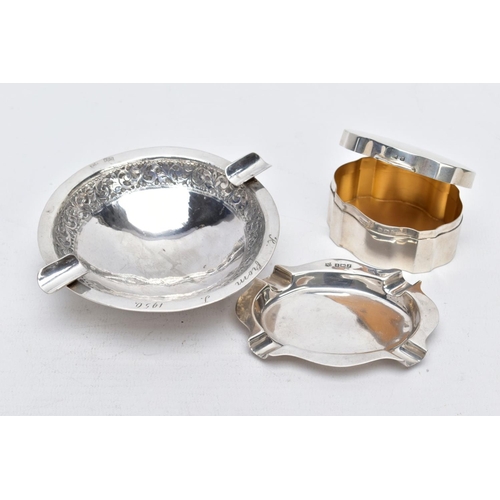 66 - A SILVER TRINKET AND ASHTRAY WITH ANOTHER WHITE METAL ASHTRAY, to include a wavy edge plain polished... 