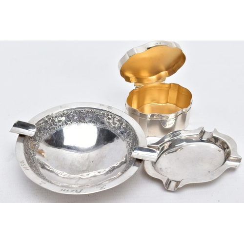 66 - A SILVER TRINKET AND ASHTRAY WITH ANOTHER WHITE METAL ASHTRAY, to include a wavy edge plain polished... 