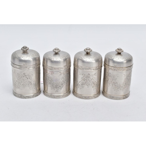 71 - A SET OF FOUR CONTINENTAL SILVER  SUGAR CASTERS, each designed with a decorative repeating floral an... 