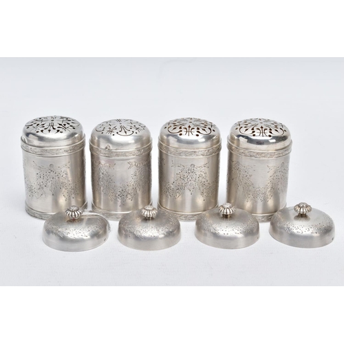 71 - A SET OF FOUR CONTINENTAL SILVER  SUGAR CASTERS, each designed with a decorative repeating floral an... 