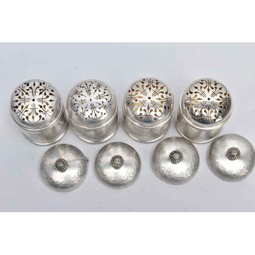 71 - A SET OF FOUR CONTINENTAL SILVER  SUGAR CASTERS, each designed with a decorative repeating floral an... 