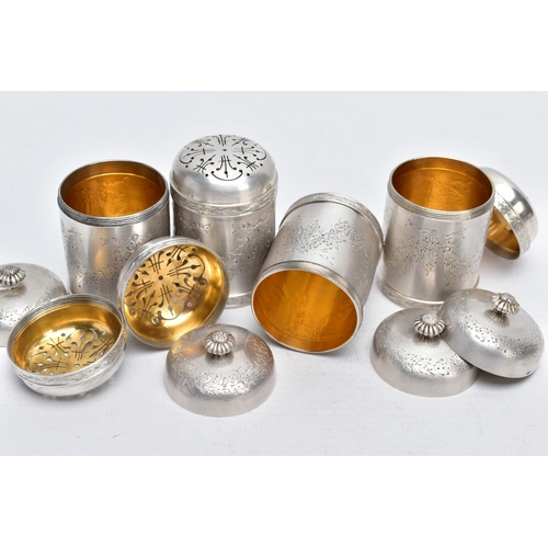 71 - A SET OF FOUR CONTINENTAL SILVER  SUGAR CASTERS, each designed with a decorative repeating floral an... 