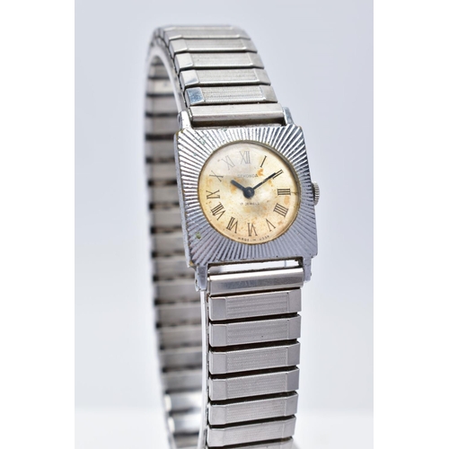 72 - A LADIES SEKONDA WRISTWATCH, circular discoloured dial signed 'Sekonda 17 Jewels' Roman numerals, bl... 