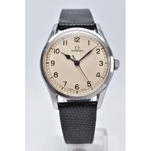 74 - A HAND WOUND OMEGA WRISTWATCH, possibly later cream dial with Arabic numerals, black spade hands wit... 