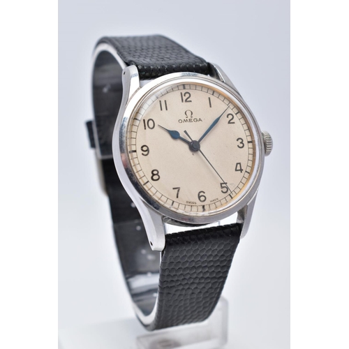 74 - A HAND WOUND OMEGA WRISTWATCH, possibly later cream dial with Arabic numerals, black spade hands wit... 