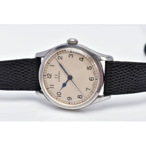 74 - A HAND WOUND OMEGA WRISTWATCH, possibly later cream dial with Arabic numerals, black spade hands wit... 