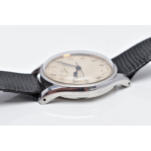 74 - A HAND WOUND OMEGA WRISTWATCH, possibly later cream dial with Arabic numerals, black spade hands wit... 