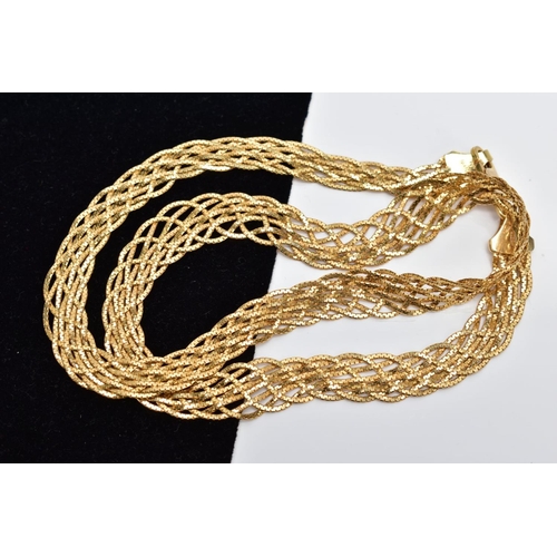 76 - A FLAT YELLOW METAL MESH CHAIN, multi weaving fine chains, fitted with a lobster claw clasp, stamped... 