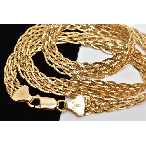 76 - A FLAT YELLOW METAL MESH CHAIN, multi weaving fine chains, fitted with a lobster claw clasp, stamped... 