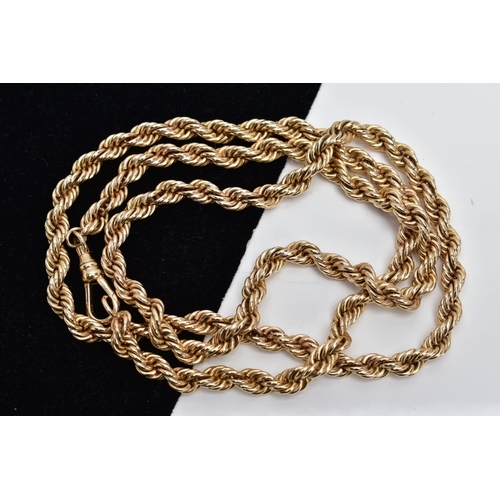 79 - A YELLOW METAL ROPE TWIST CHAIN, fitted with a swivel hook clasp, stamped '9ct', length 680mm, appro... 